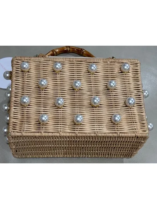 BTB Los Angeles Chloe Pearl Beaded Top-Handle Box Bag Handbag Raffia Tote Purse - Picture 9 of 14